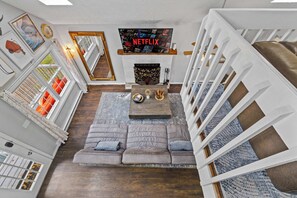 TV, fireplace, video games, foosball