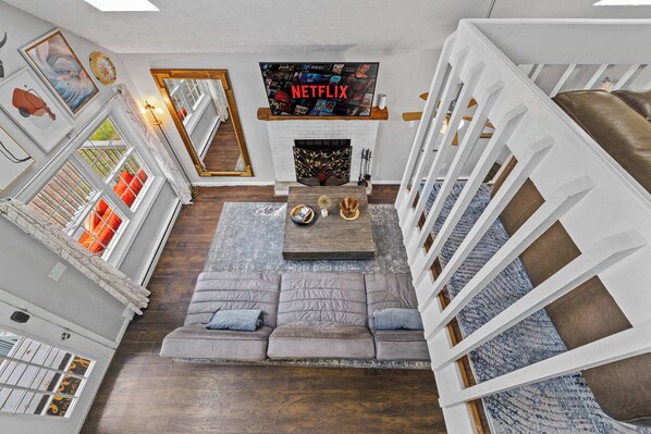 TV, fireplace, video games, table football