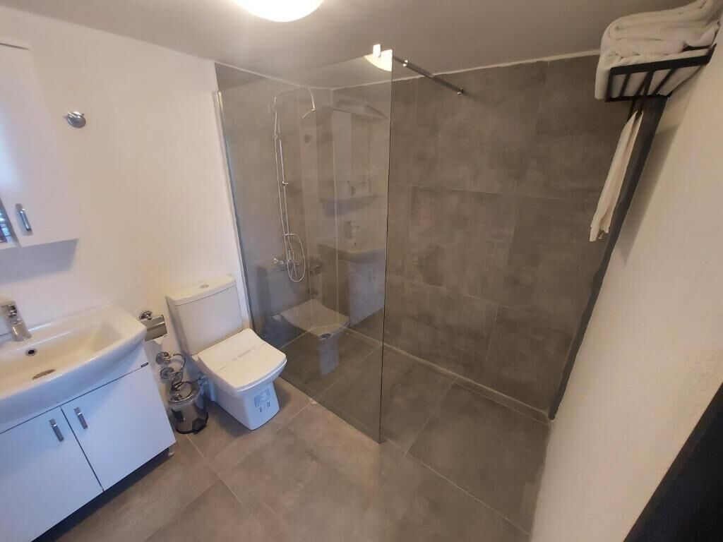 Een moderne badkamer met een douchecabine van glas, een toilet en een wastafel.