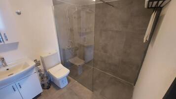 Een moderne badkamer met een douchecabine van glas, een toilet en een wastafel.