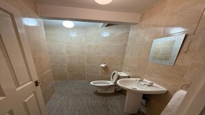 A bathroom with a toilet, sink, and a mirror on the wall.