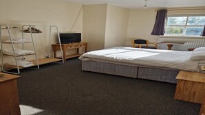 A bedroom with a bed, a TV, a chair, and a radiator.