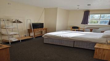 1 bedroom, desk, iron/ironing board, bed sheets