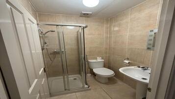 Hair dryer, towels, soap