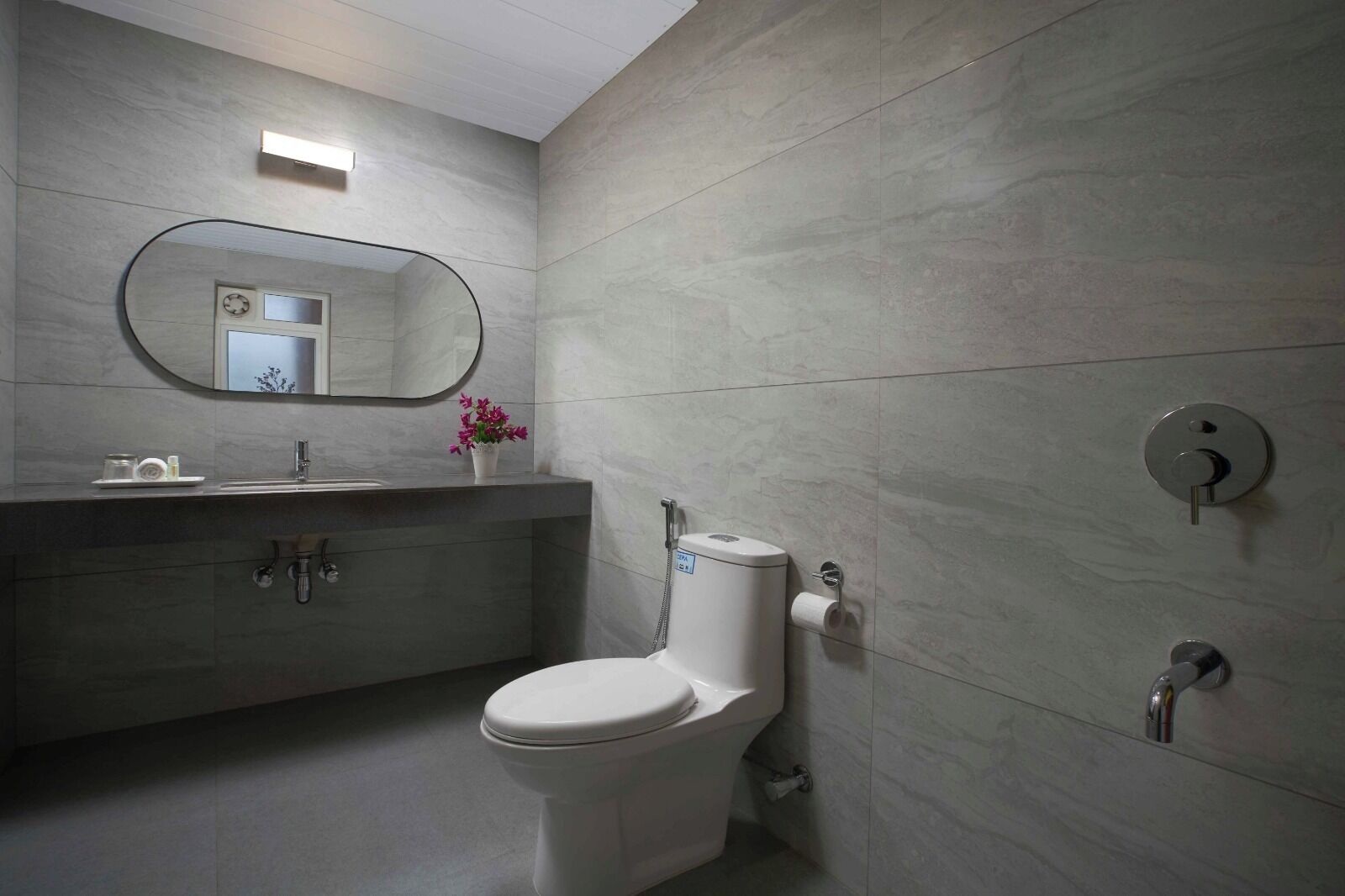 A modern bathroom with a toilet, sink, and mirror.