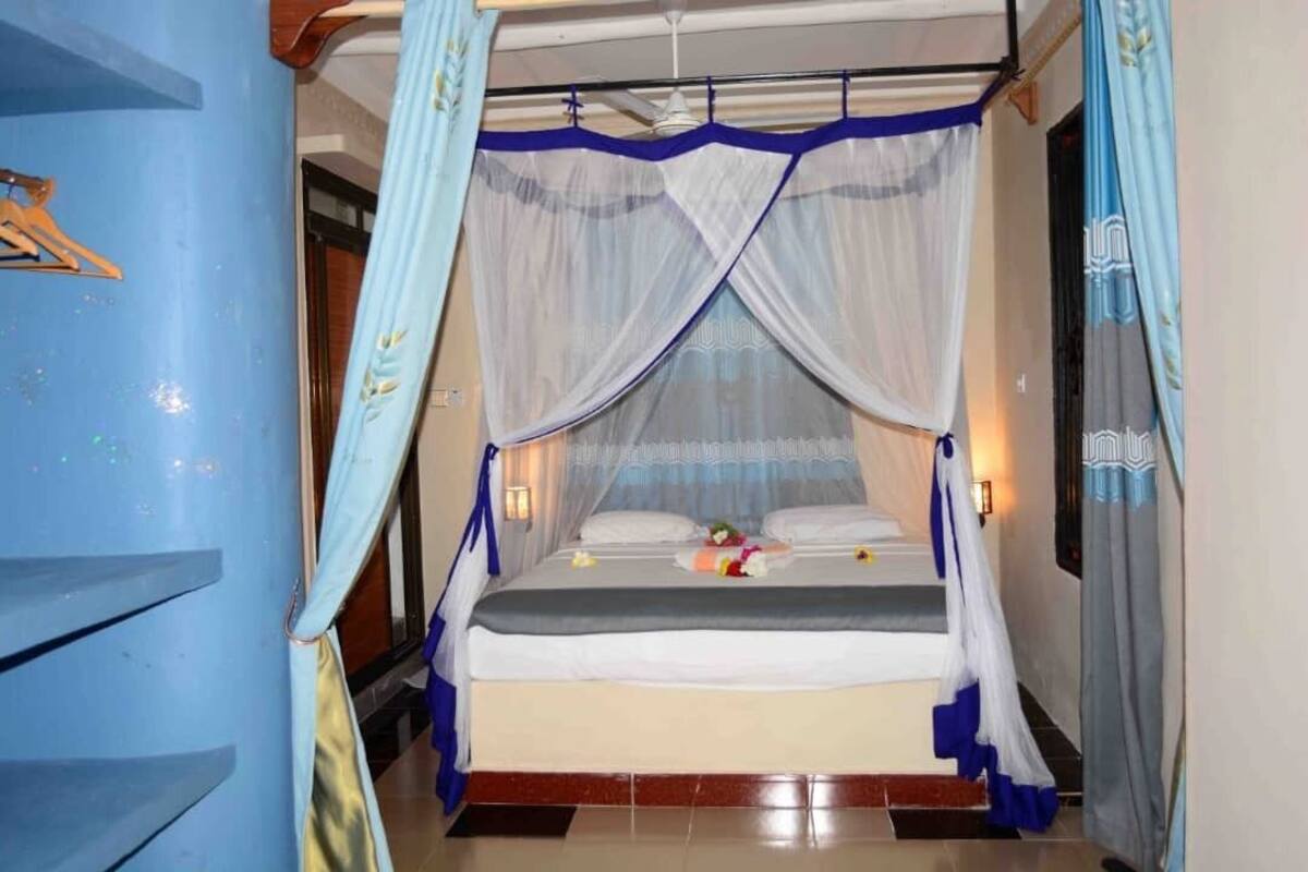 A room with a bed under a canopy, a blue wall, and a wooden door.