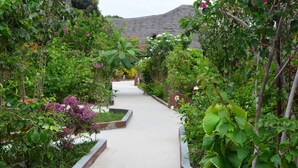 A pathway flanked by lush greenery and flowering plants, leading to a building with a sloped roof. - MEREMETA LODGE (Mafia Island)