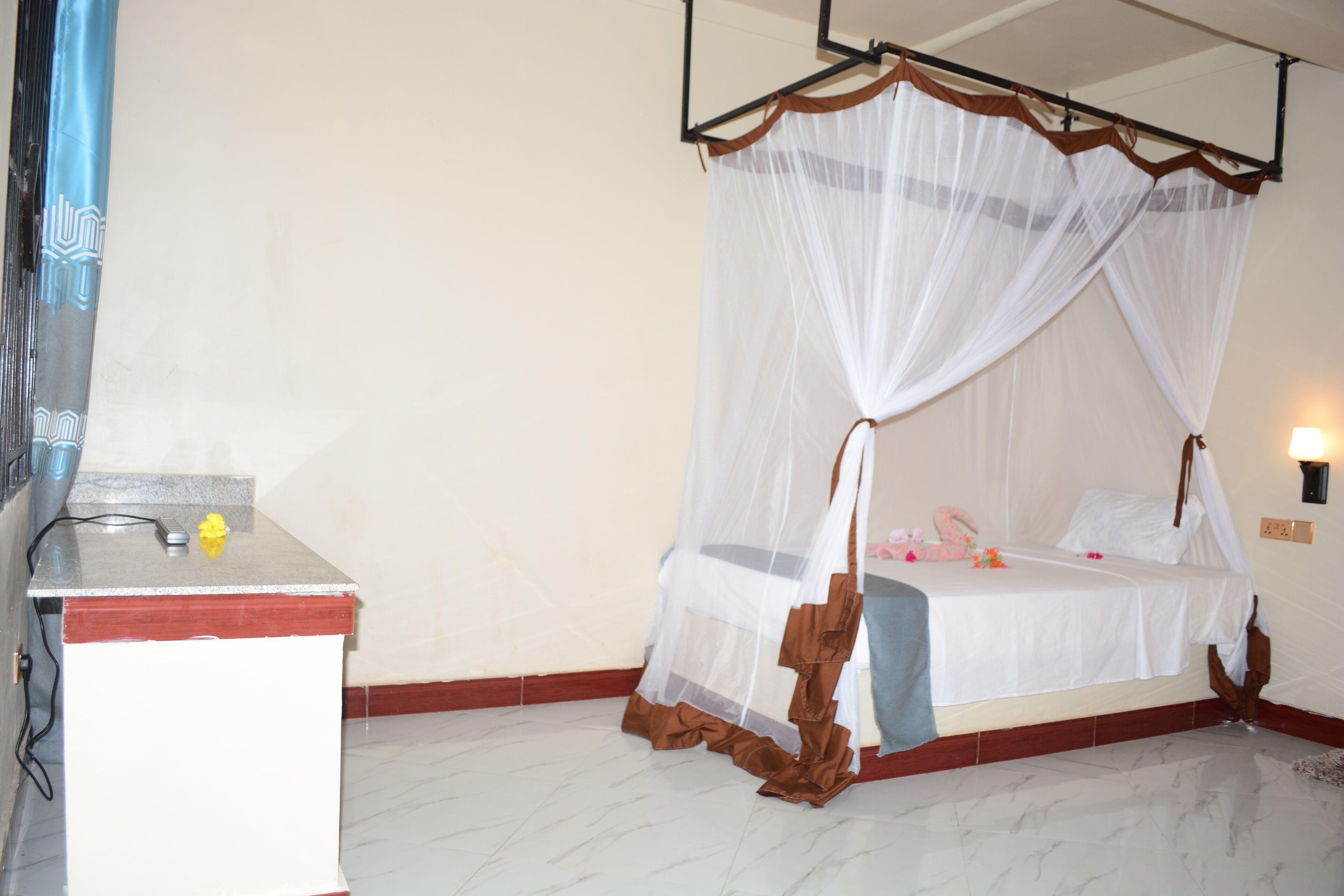 A room with a bed under a canopy, a bedside table, and a wall-mounted lamp.