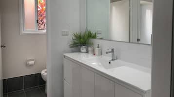 Hair dryer, towels, soap, toilet paper