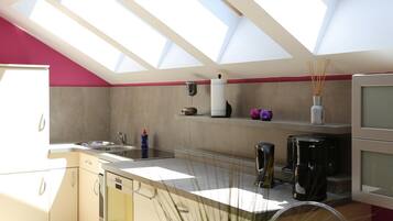 Oven, stovetop, dishwasher, coffee/tea maker