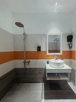 Shower, hair dryer, slippers, towels