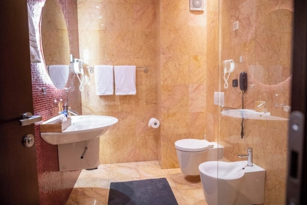 Shower, hair dryer, bidet, towels