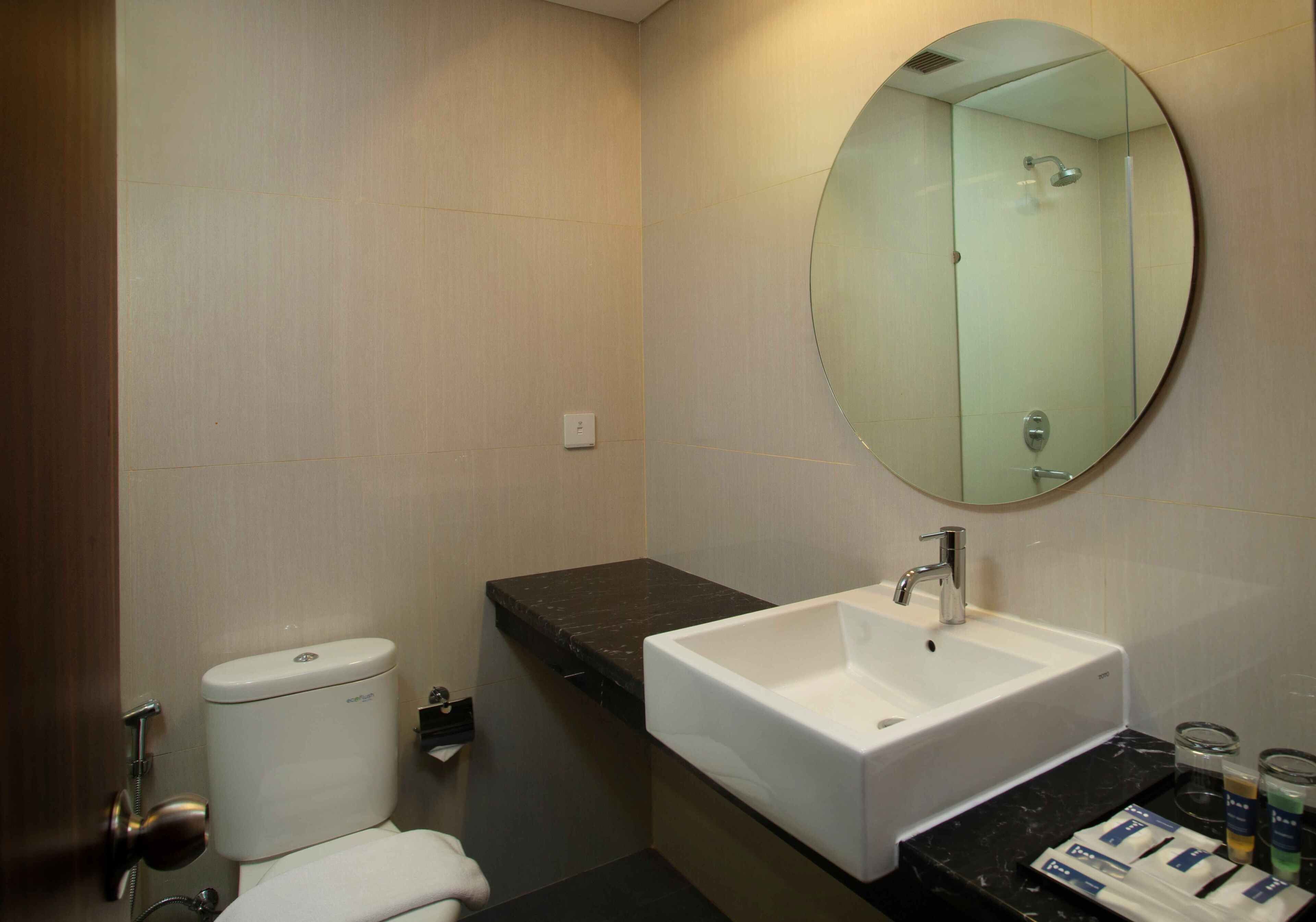 A bathroom with a toilet, a sink, a mirror, and a shower.