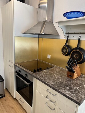 Een koelkast, een oven, een kookplaat, een vaatwasser