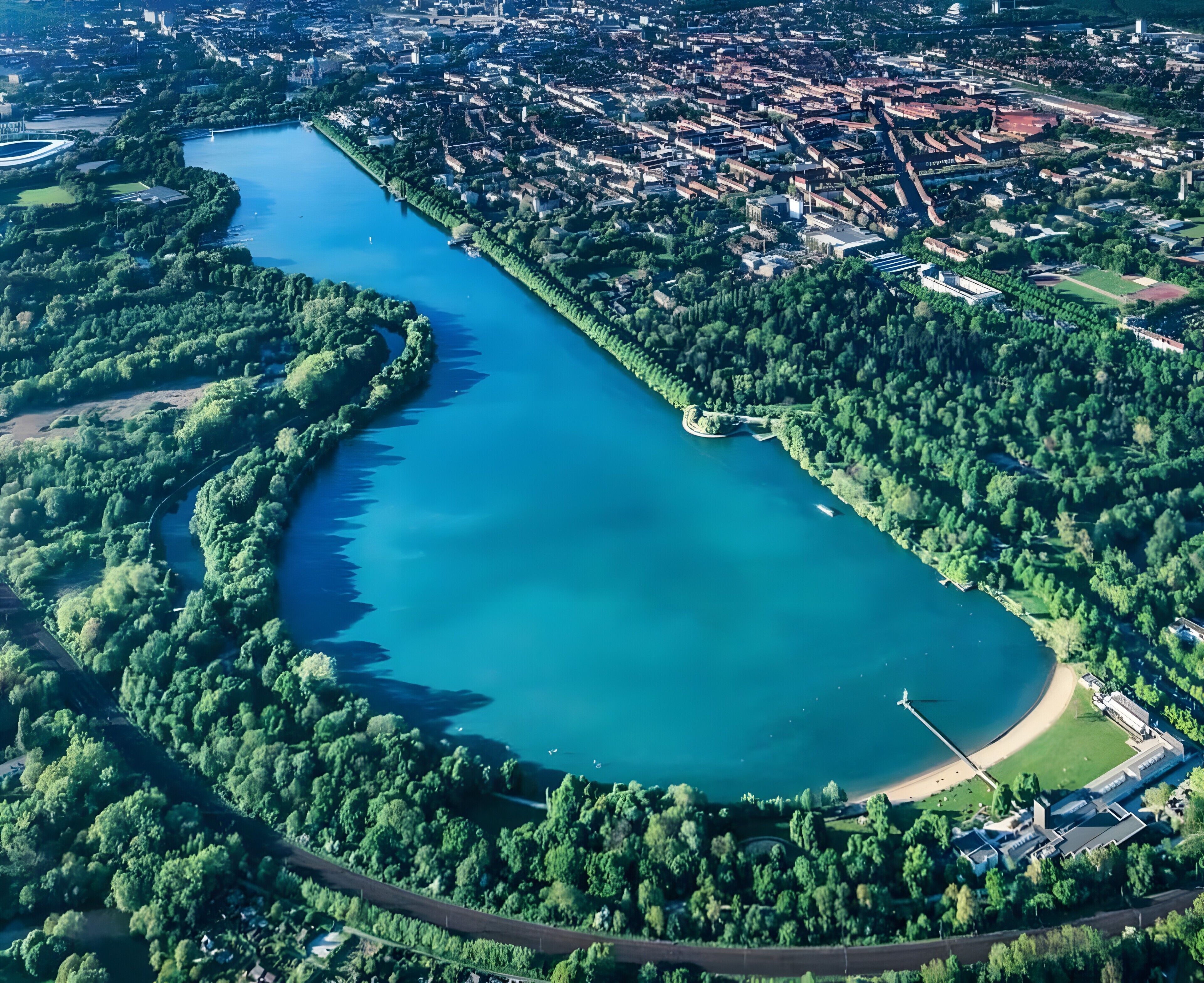 Vista aérea de un río serpenteando por una zona boscosa densa, con un puente y una pequeña isla.