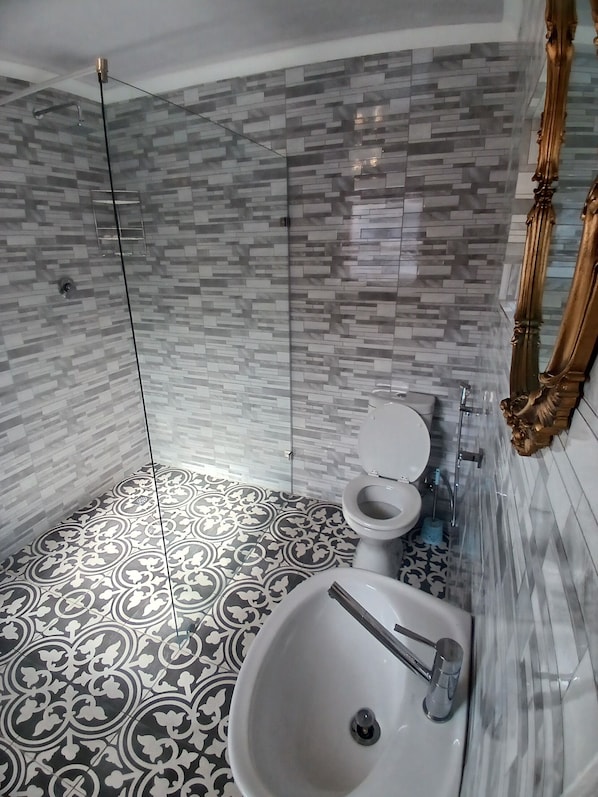 A bathroom with a shower, toilet, and sink. - neo & Ruks Guest House (Cape Town)
