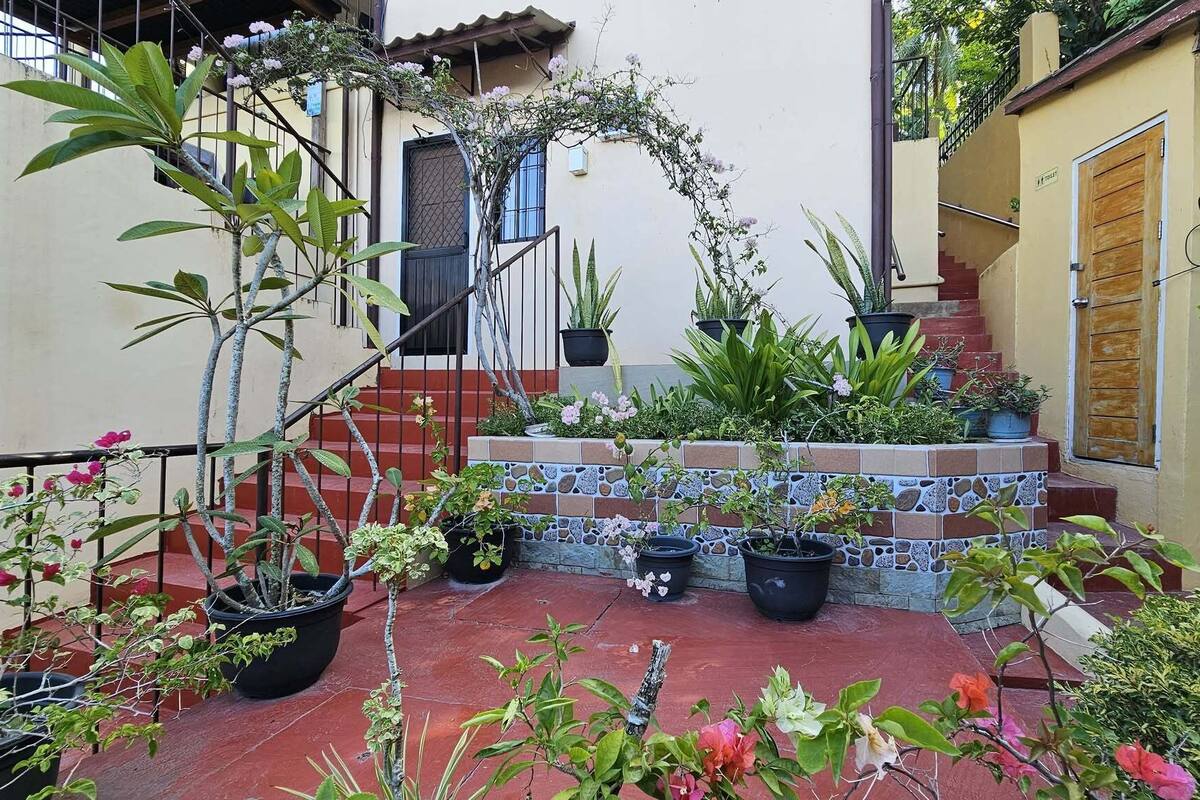 Une cour agrémentée de plantes en pot, d’un banc carrelé et d’un escalier menant à une porte.