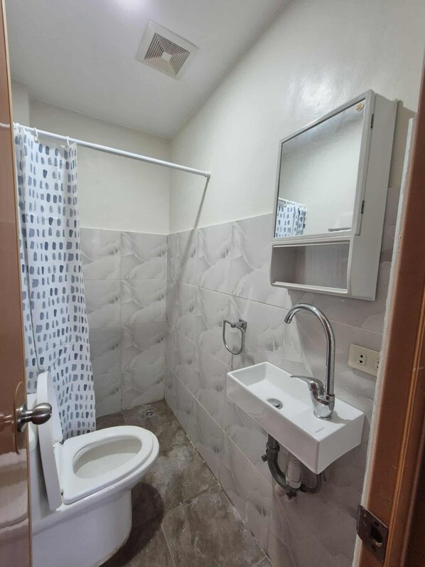 Un baño con inodoro, lavabo y zona de ducha.