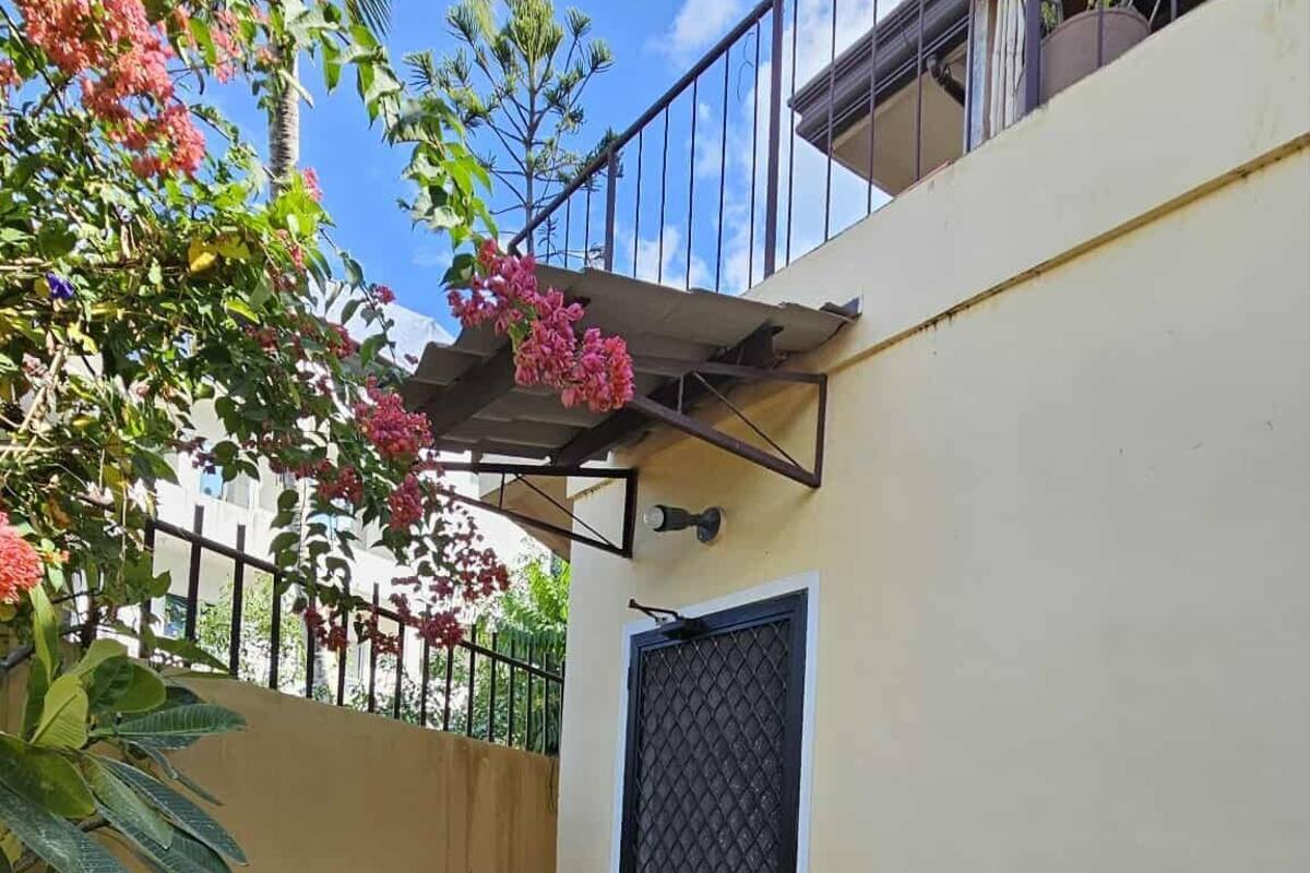 Un petit espace extérieur clos, doté d’un portail en métal, de plantes en pot et d’un tapis rouge à l’entrée.