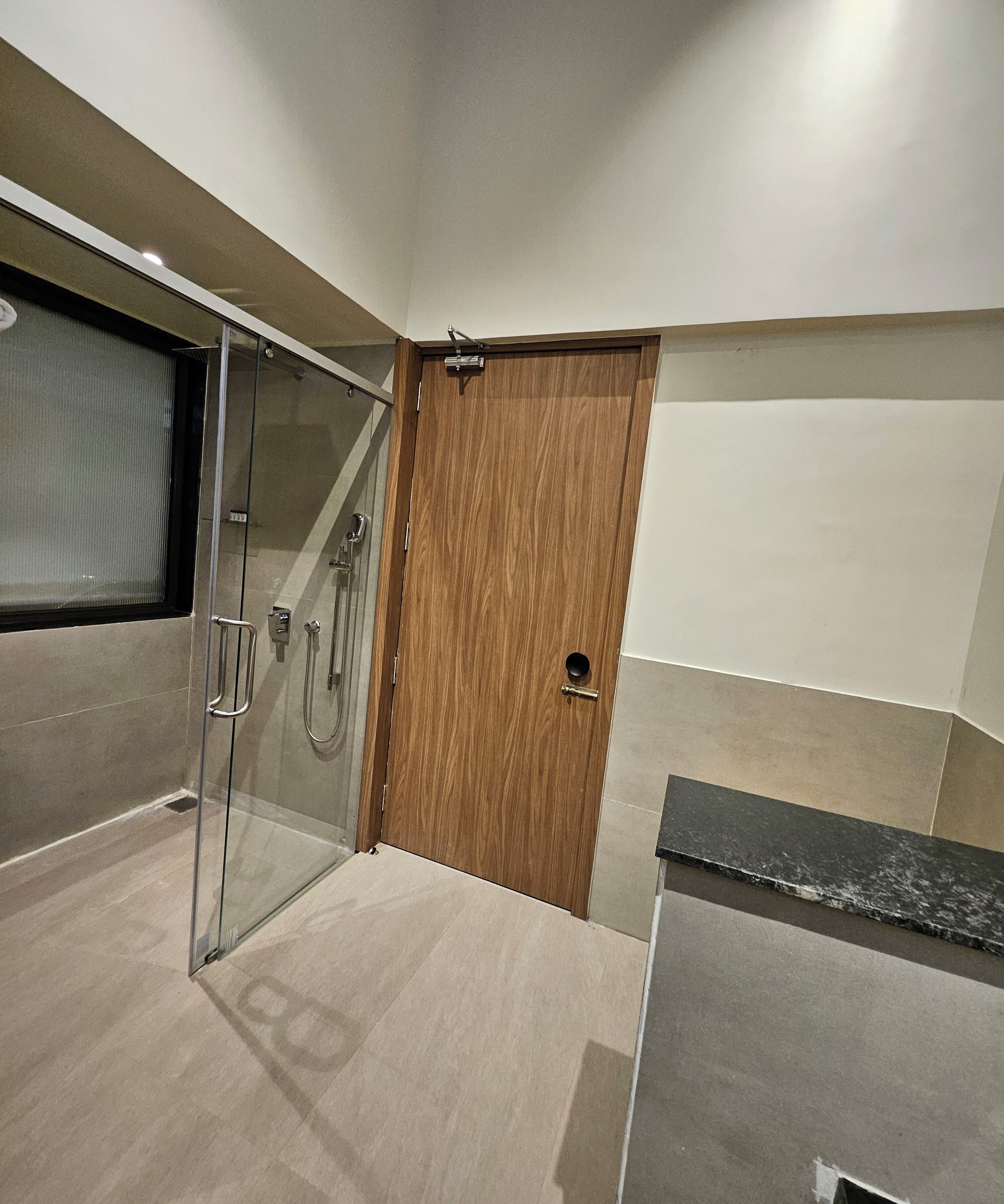 Een moderne badkamer met een glazen douchecabine, een houten deur en een marmeren aanrechtblad.
