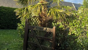A wooden gate with a mesh screen, surrounded by lush greenery and a clear sky. - Welcome to the Terns! The dune house. (Barneville-Carteret)
