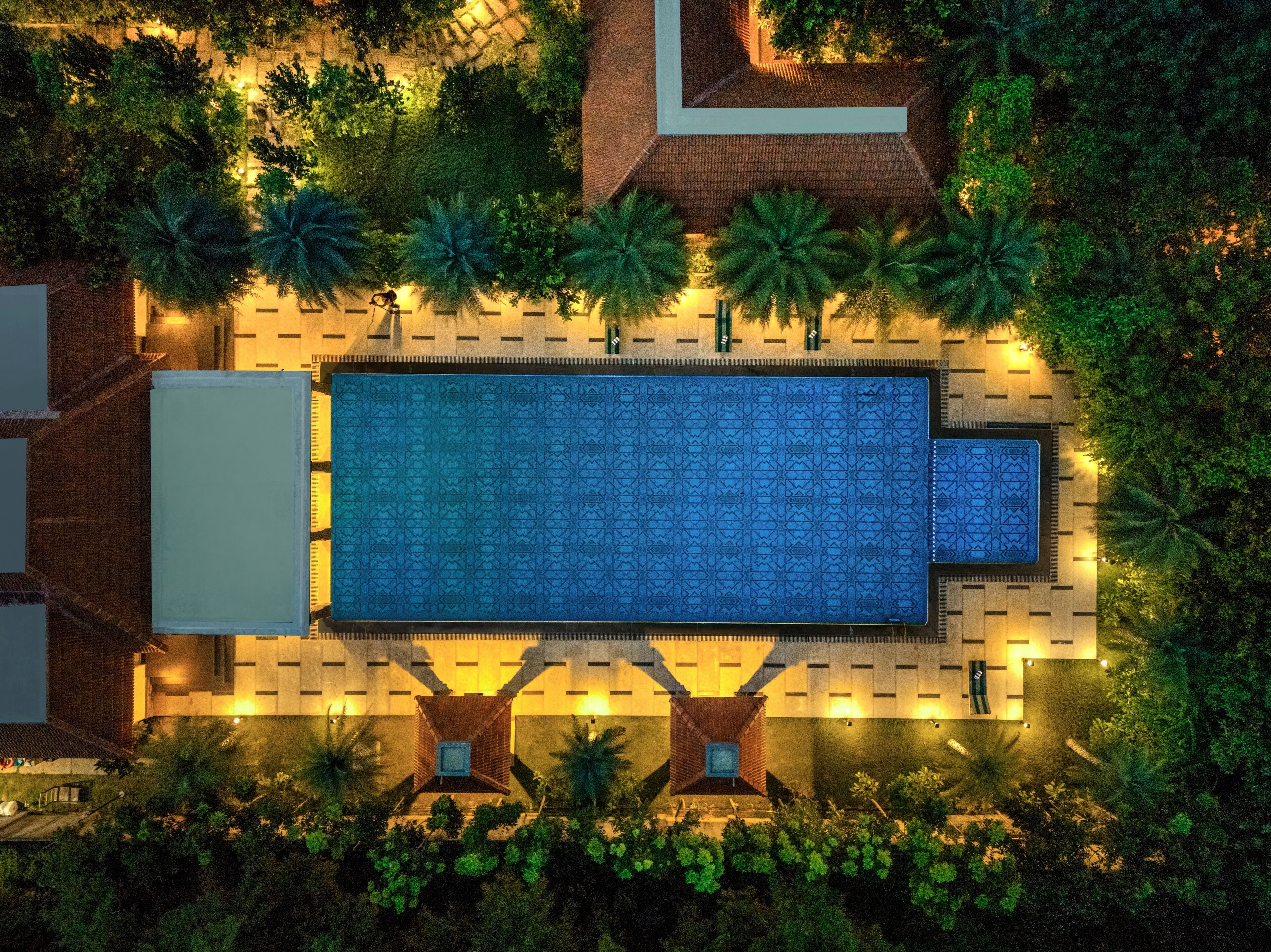 An aerial view of a rectangular swimming pool surrounded by a landscaped garden with palm trees and a brick pathway.