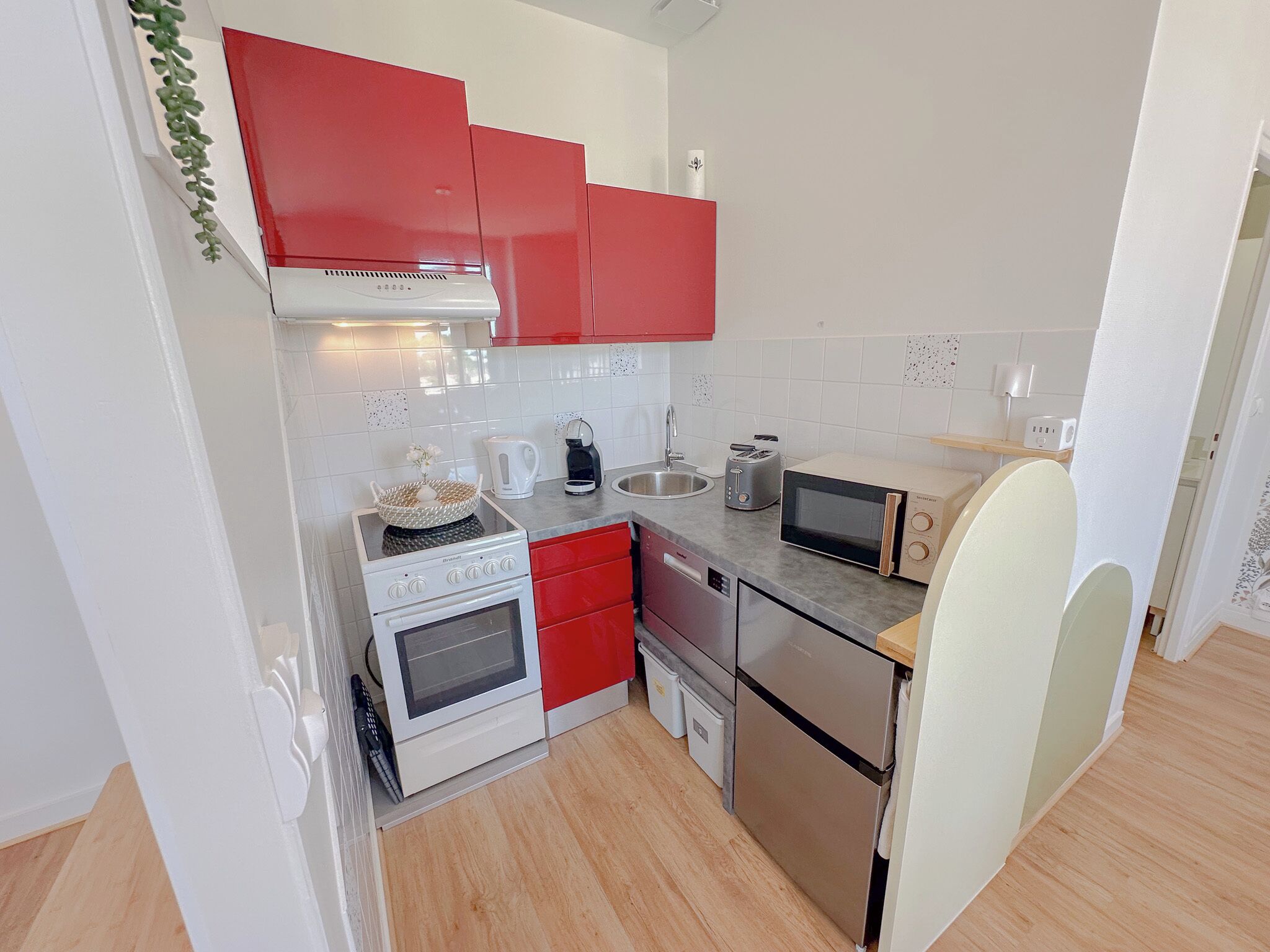 Une cuisine de taille réduite avec des placards rouges, une cuisinière, un four à micro-ondes et un évier.
