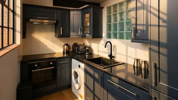 Une cuisine moderne avec des meubles de couleur sombre, un lave-linge encastré, un évier et une fenêtre dotée de vitres teintées en vert.