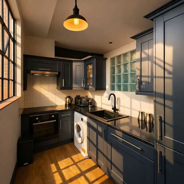 Cocina moderna con armarios oscuros, lavadora integrada, un lavamanos y un ventanal con vidrio tintado de verde.