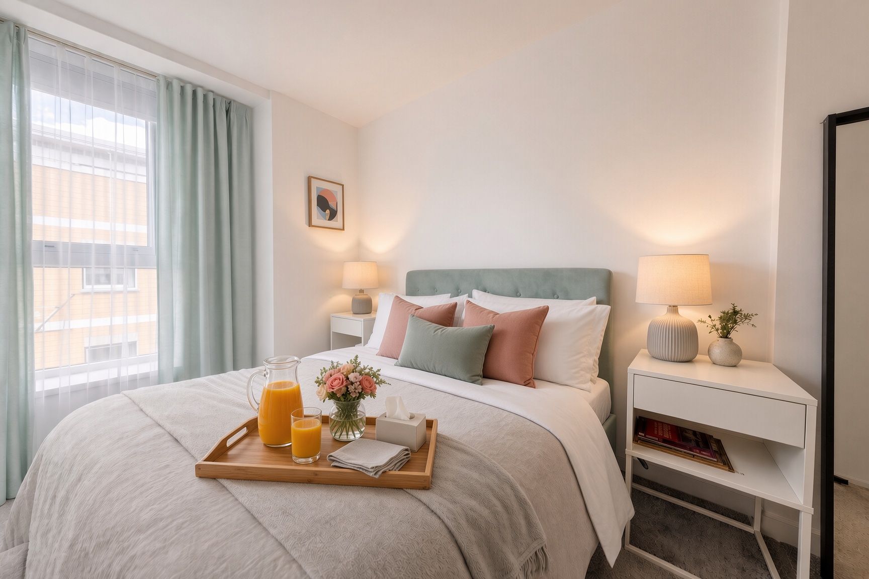 Habitación de hotel con cama, mesitas de noche, bandeja con jugo de naranja, florero con flores y ventana con cortinas.