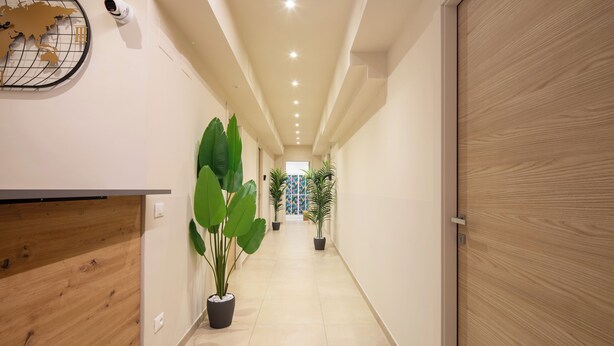 A hallway with a wooden reception desk, potted plants, a security camera, and a door at the end. - Bel Fiore 58 (Florence)