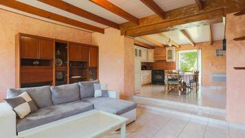 Un salon comprenant un canapé, une table basse, des meubles en bois et un coin cuisine avec une table à manger et des chaises.
