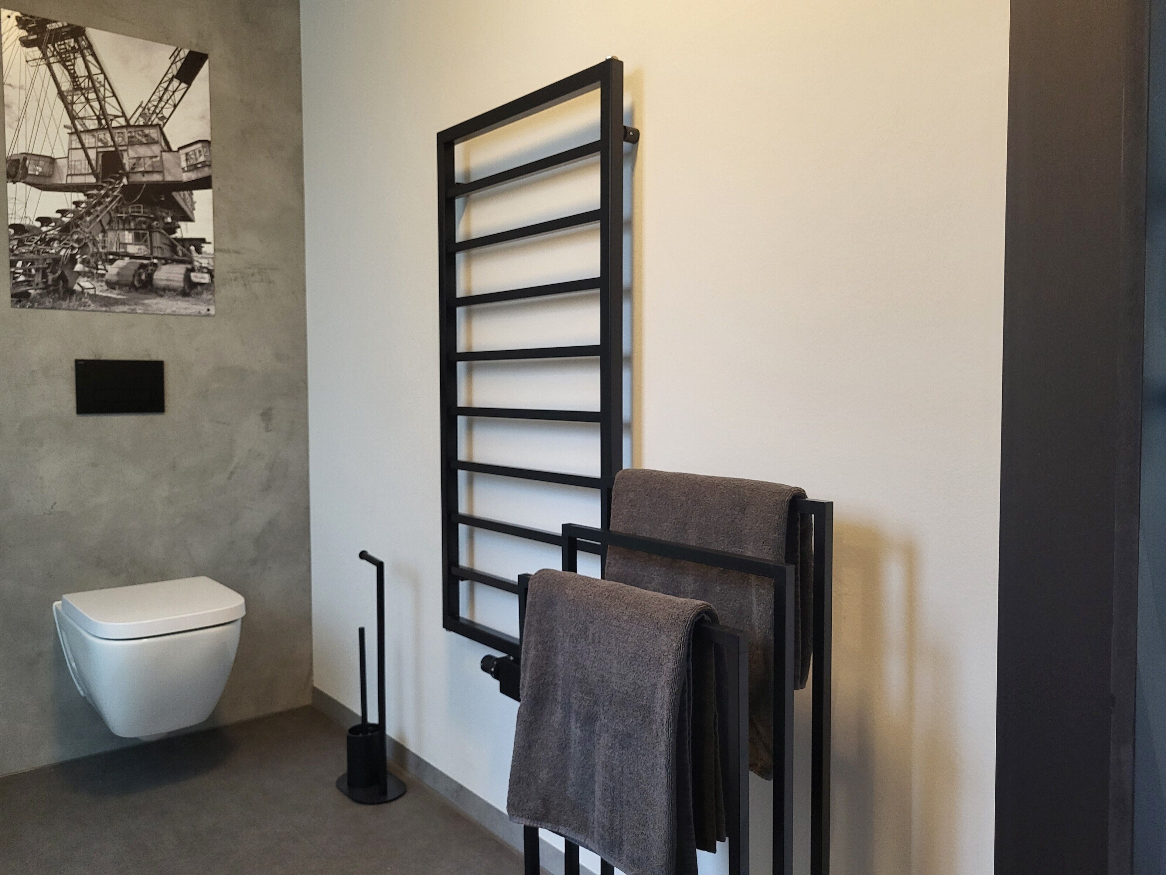 A bathroom with a toilet, a towel rack, and a wall-mounted towel warmer.