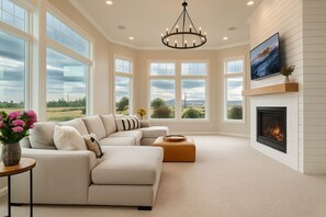 Smart TV, fireplace, ping pong, books