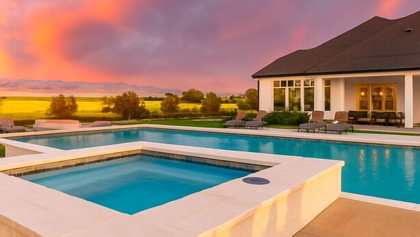 Piscina con vista a una casa y paisaje al atardecer.