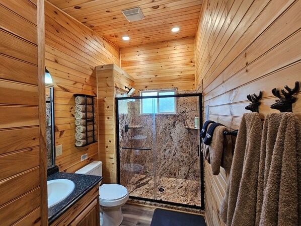 Shower, hair dryer, towels