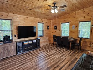 Smart TV, fireplace, books