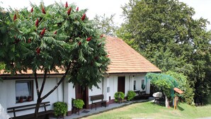 A white building with a red roof, a bench, and a tree with red flowers. - Vineyard cottage Ranč pri Hanzeku (Videm)