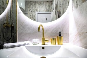 Shower, hair dryer, soap