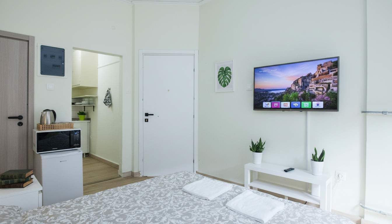 A hotel room with a bed, a TV mounted on the wall, a small kitchenette, and a view of a coastal landscape.