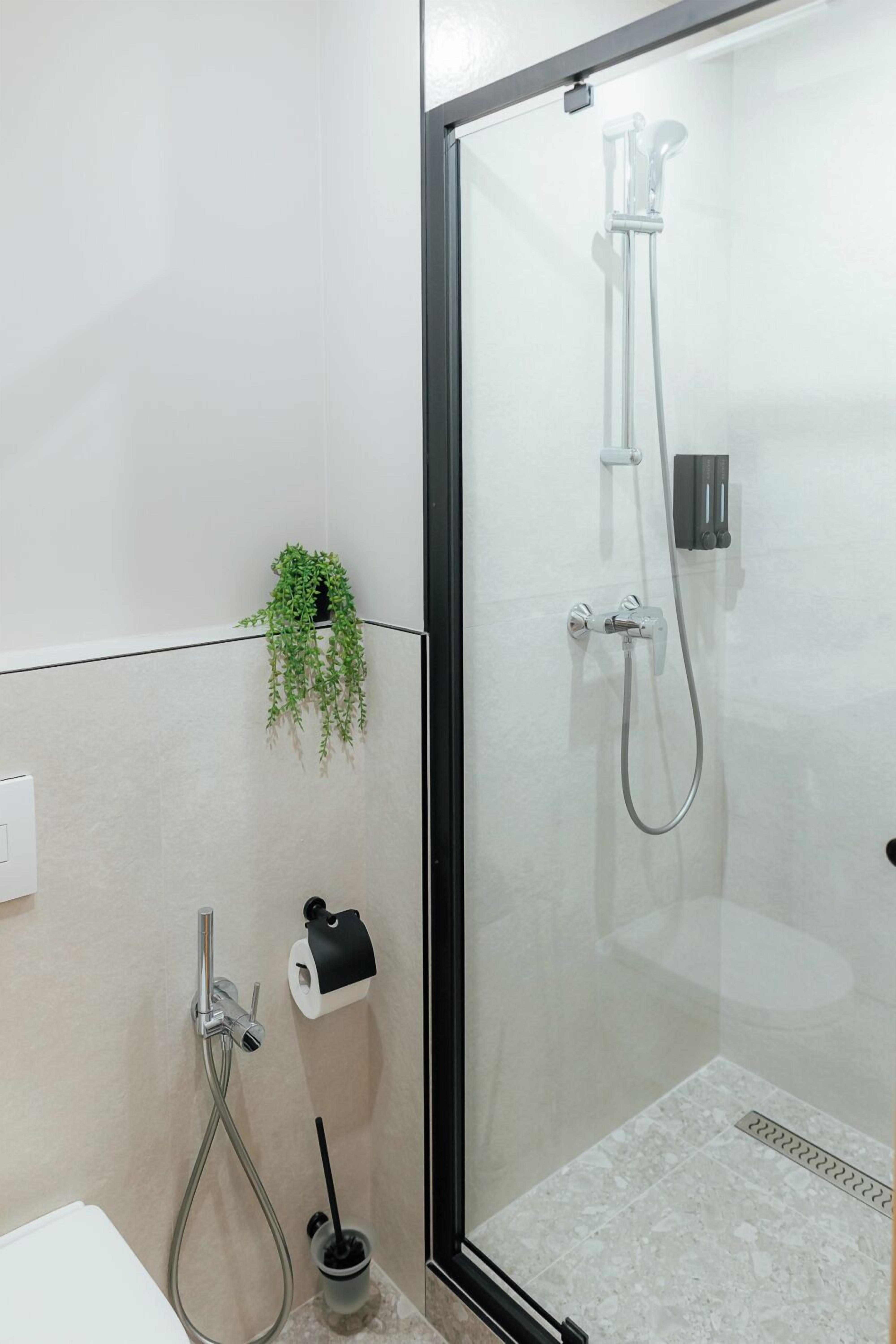 Un baño moderno con ducha de vidrio, un dispensador de papel higiénico y una pequeña planta en maceta.