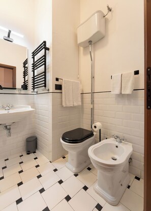 Een douche, een haardroger, een bidet, handdoeken