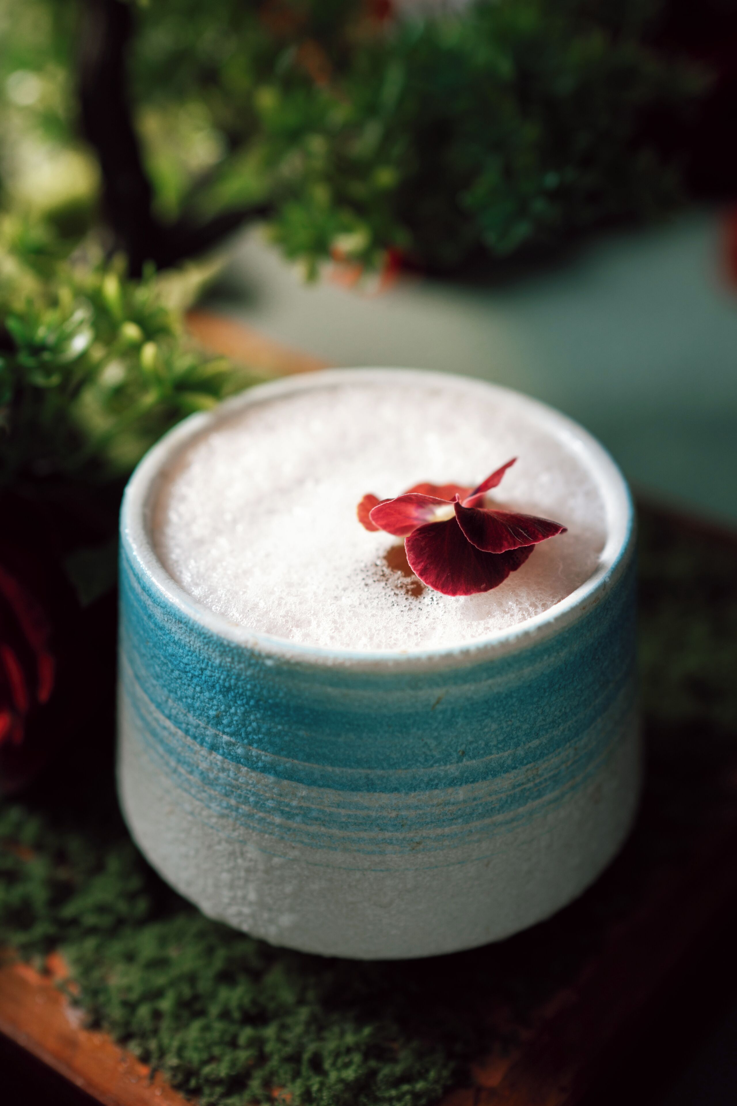 A close-up of a frothy beverage in a ceramic mug with a decorative leaf on top, placed on a surface with greenery in the background.