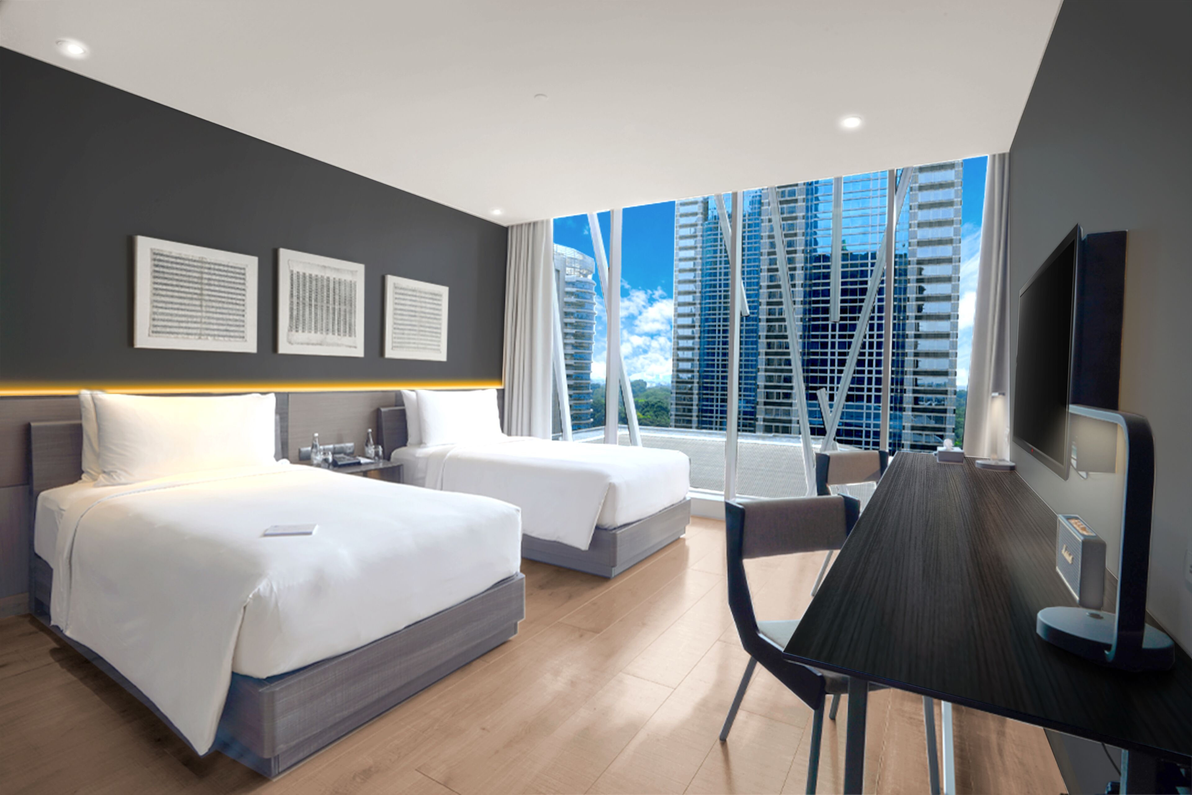 غرفة ديلوكس بسريرين منفصلين - منظر للمدينة | خزنة داخل الغرفة ومكتب ومساحة عمل للكمبيوتر المحمول وستائر تعتيم