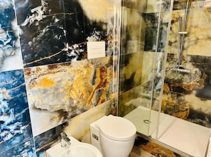 Shower, hair dryer, bidet, towels