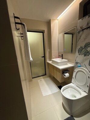 Regadera, bidet, toallas, jabón 