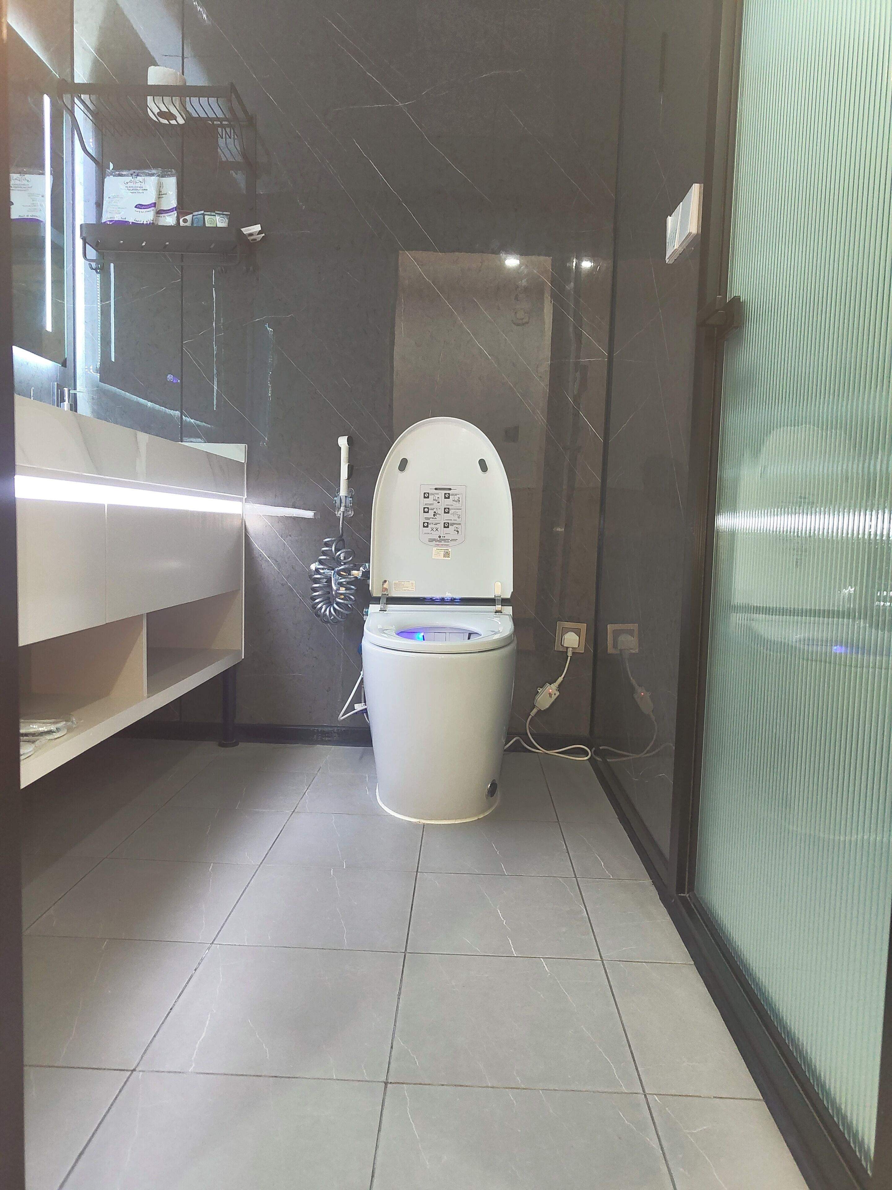 A modern bathroom with a toilet, a sink, and a mirror.