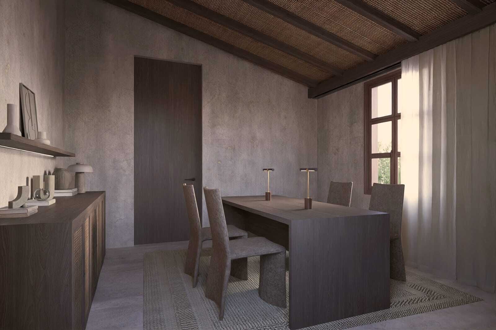 A minimalist room with a large window, a wooden desk, two chairs, and a bookshelf.