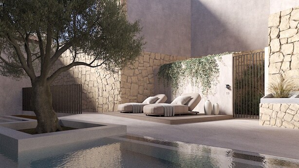 A modern outdoor lounge area with a stone wall, a tree, and two cushioned seating areas. - Enliven Lifestyle Hotel Nicosia (Nicosia)