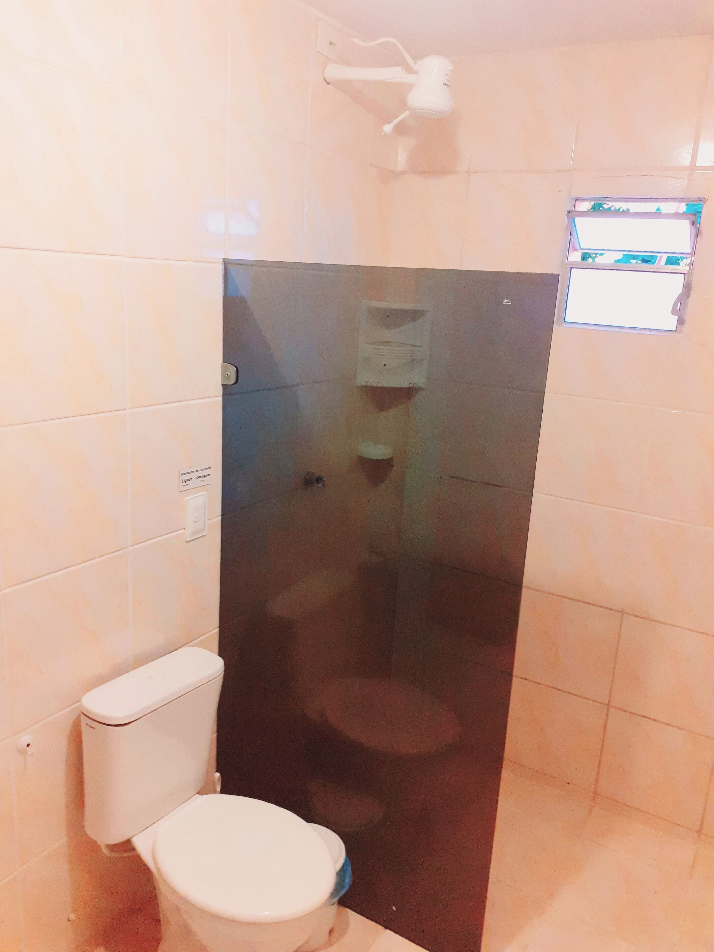A small bathroom with a toilet, a glass shower enclosure, and a wall-mounted towel rack.